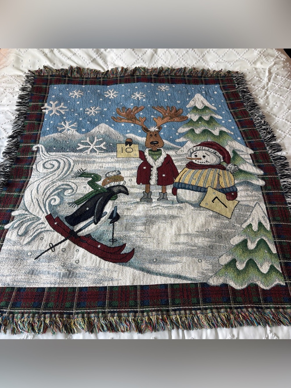 Vintage Winter Christmas Tapestry Blanket Throw Deer Snowman Penguin Skiing Snow